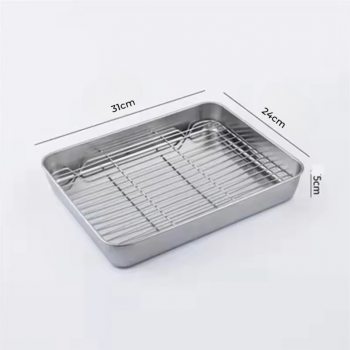 Eggy Loyang Nampan Tray Grill Pan Oven Stainless 430 with Mesh Frame 31x24x5cm - EG35 Gambar produk Eggy Loyang Nampan Tray Grill Pan Oven Stainless 430 with Mesh Frame 31x24x5cm - EG35