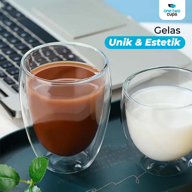 Gambar produk One Two Cups Gelas Kaca Aesthetic Tahan Panas Double Wall Glass 350ml - PLY1704