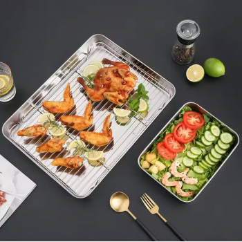 Eggy Loyang Nampan Tray Grill Pan Oven Stainless 430 with Mesh Frame 31x24x5cm - EG35 Gambar produk Eggy Loyang Nampan Tray Grill Pan Oven Stainless 430 with Mesh Frame 31x24x5cm - EG35