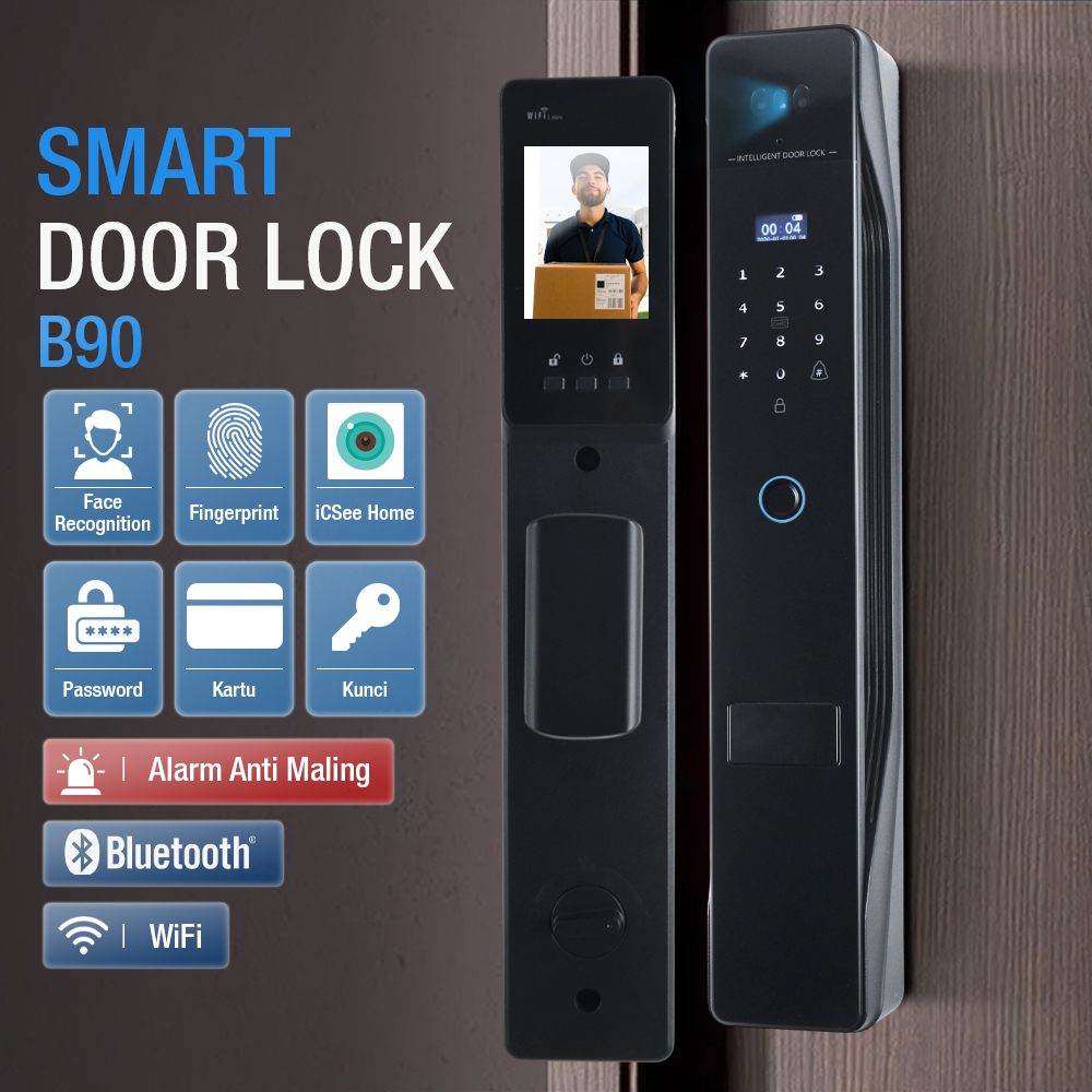 KAILILAI Smart Door Lock Fingerprint Face Recognition Password iCSee - B90 Gambar produk KAILILAI Smart Door Lock Fingerprint Face Recognition Password iCSee - B90