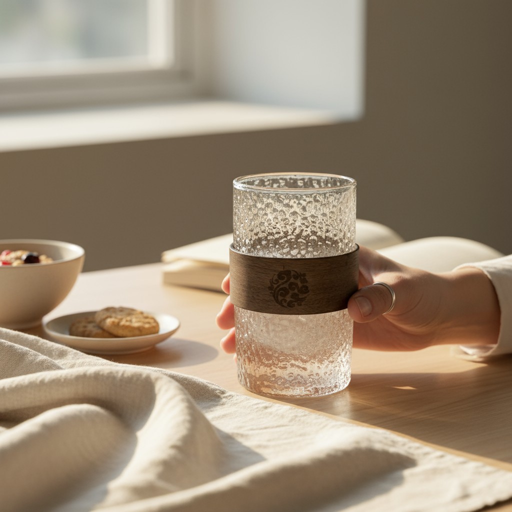 PAYGI Gelas Kaca Aesthetic Kopi Teh Japanese Wood Sleeve Glass 350ml Hammer - PG36 Gambar produk PAYGI Gelas Kaca Aesthetic Kopi Teh Japanese Wood Sleeve Glass 350ml Hammer - PG36