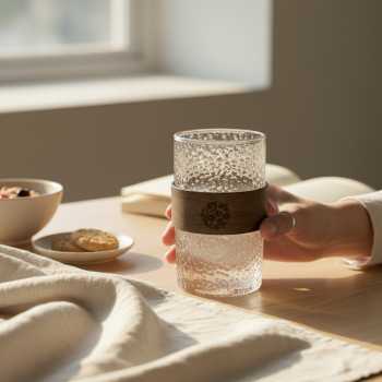 PAYGI Gelas Kaca Aesthetic Kopi Teh Japanese Wood Sleeve Glass 350ml - PG36