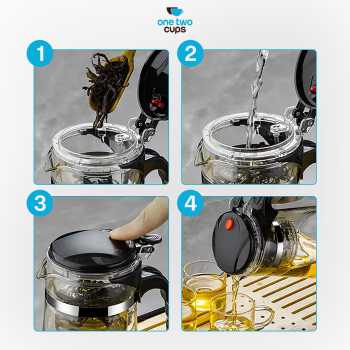 Gambar produk One Two Cups Teko Teh Kaca Saringan Tahan Panas Infuser Teapot 874ml - TP-757