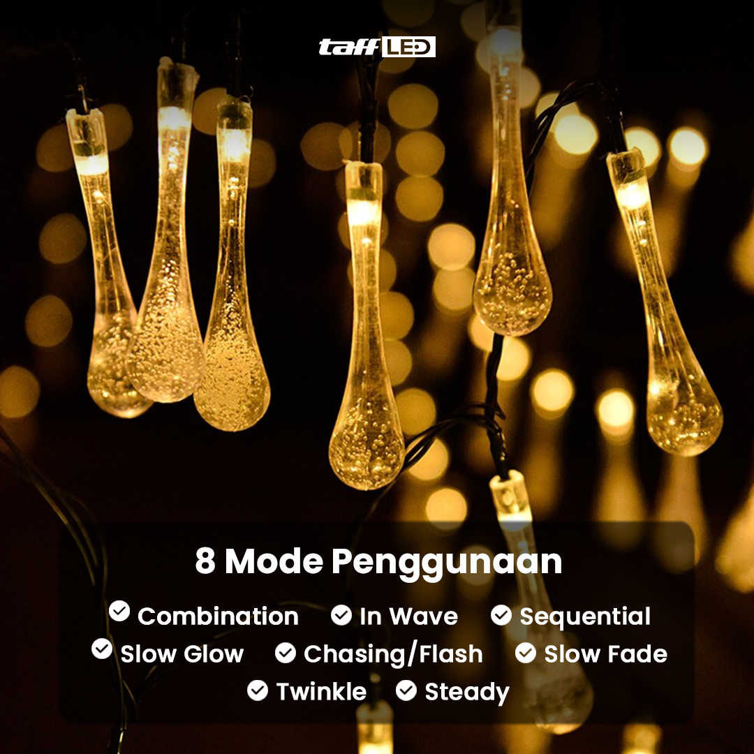 TaffLED Lampu Hias String Lights Raindrop Solar 30LED 6.5M Warm White - SP030 Gambar produk TaffLED Lampu Hias String Lights Raindrop Solar 30LED 6.5M Warm White - SP030