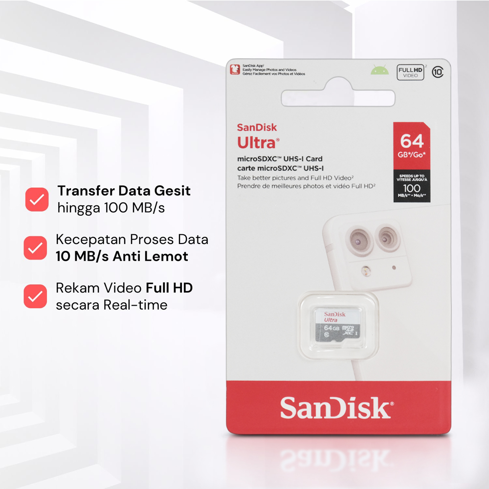 Gambar produk SanDisk Ultra microSDHC/SDXC UHS-I Class 10 100MB/s 64GB - SDSQUNR