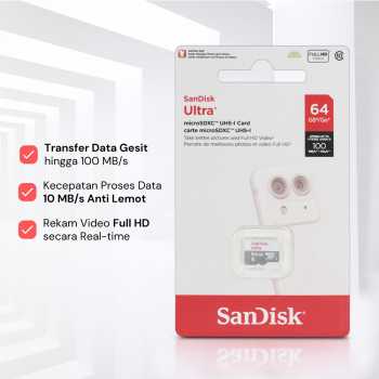 Gambar produk SanDisk Ultra microSDHC/SDXC UHS-I Class 10 100MB/s 64GB - SDSQUNR