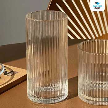 Gambar produk One Two Cups Gelas Kaca Aesthetic Kopi Teh Simple Stripe Glass 370ml - IN-34
