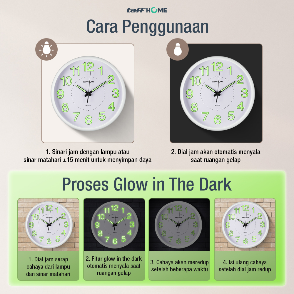 Gambar produk TaffHOME Jam Dinding Bulat Quartz Luminous Glow in The Dark 30cm MDB4