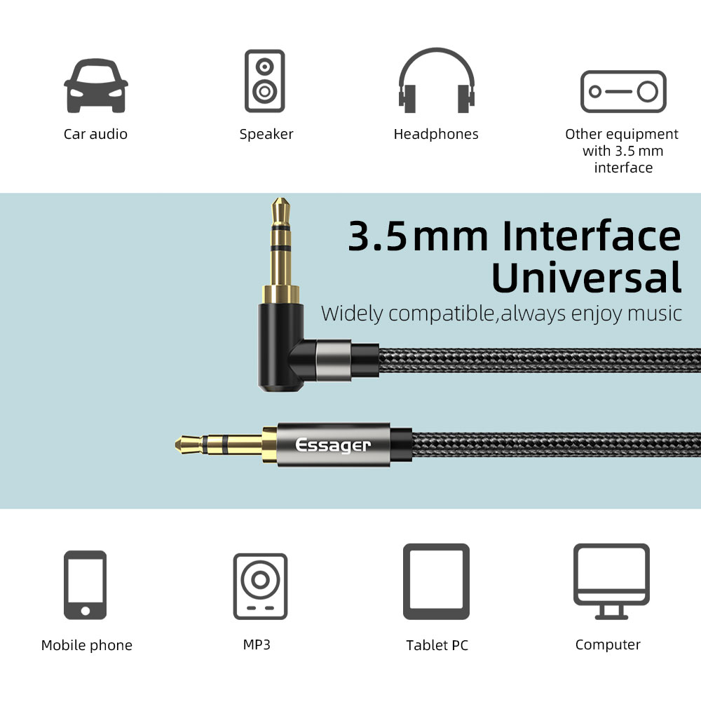 Gambar produk ESSAGER Kabel AUX 3.5mm Audio Jack HiFi Elbow Adaptor 1.5M - EYP35-WTA01