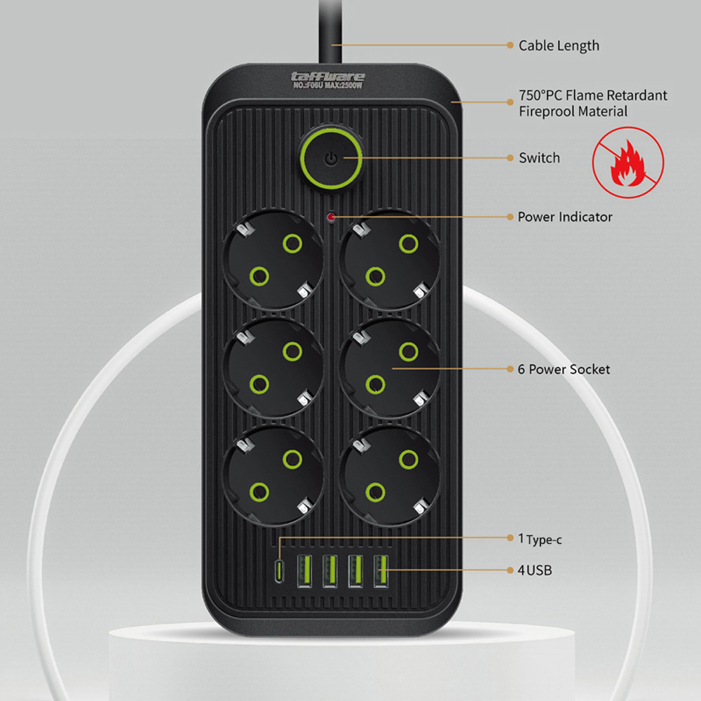 Taffware Stop Kontak Kabel USB Type C 10A 110-250V 2500W 1.8M 6 Lubang - F06U/QL-1075U Gambar produk Taffware Stop Kontak Kabel USB Type C 10A 110-250V 2500W 1.8M 6 Lubang - F06U/QL-1075U