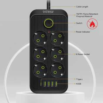 Gambar produk Taffware Stop Kontak Kabel USB Type C 10A 110-250V 2500W 1.8M 6 Lubang - F06U/QL-1075U
