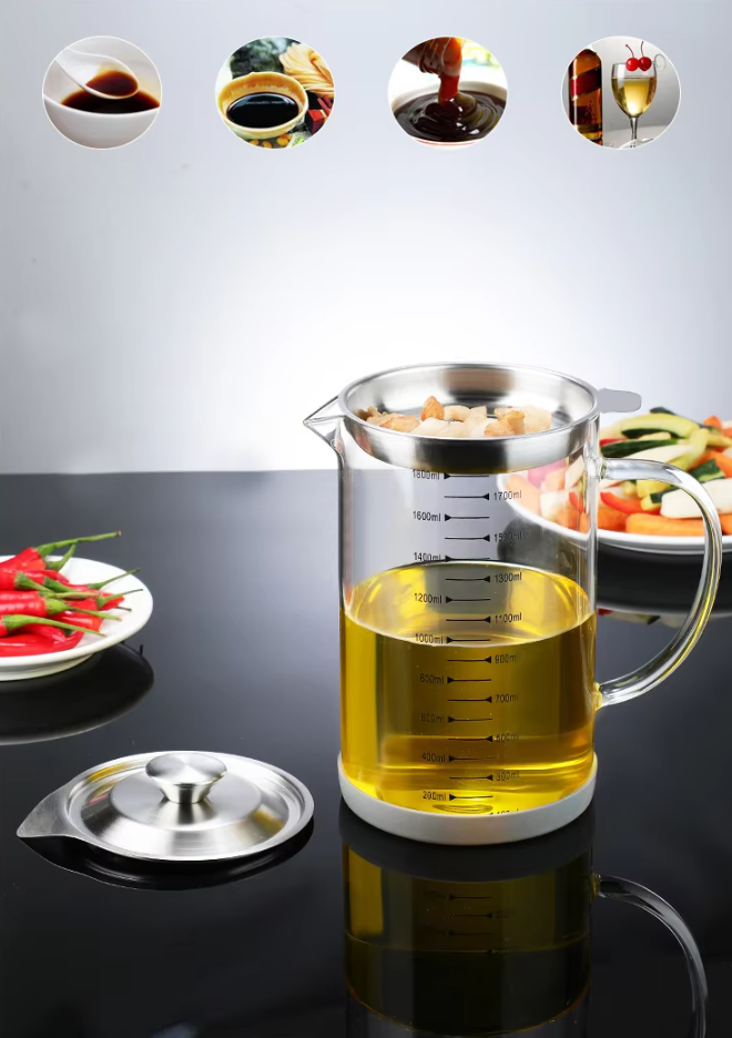 ACEITE Botol Wadah Penyaring Minyak Goreng Kaca Tahan Panas 1500ml - FL26 Gambar produk ACEITE Botol Wadah Penyaring Minyak Goreng Kaca Tahan Panas 1500ml - FL26