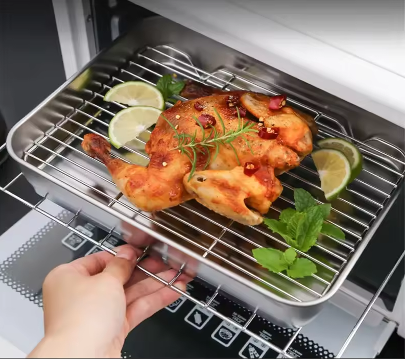 Eggy Loyang Nampan Tray Grill Pan Oven Stainless 430 with Mesh Frame 31x24x5cm - EG35 Gambar produk Eggy Loyang Nampan Tray Grill Pan Oven Stainless 430 with Mesh Frame 31x24x5cm - EG35