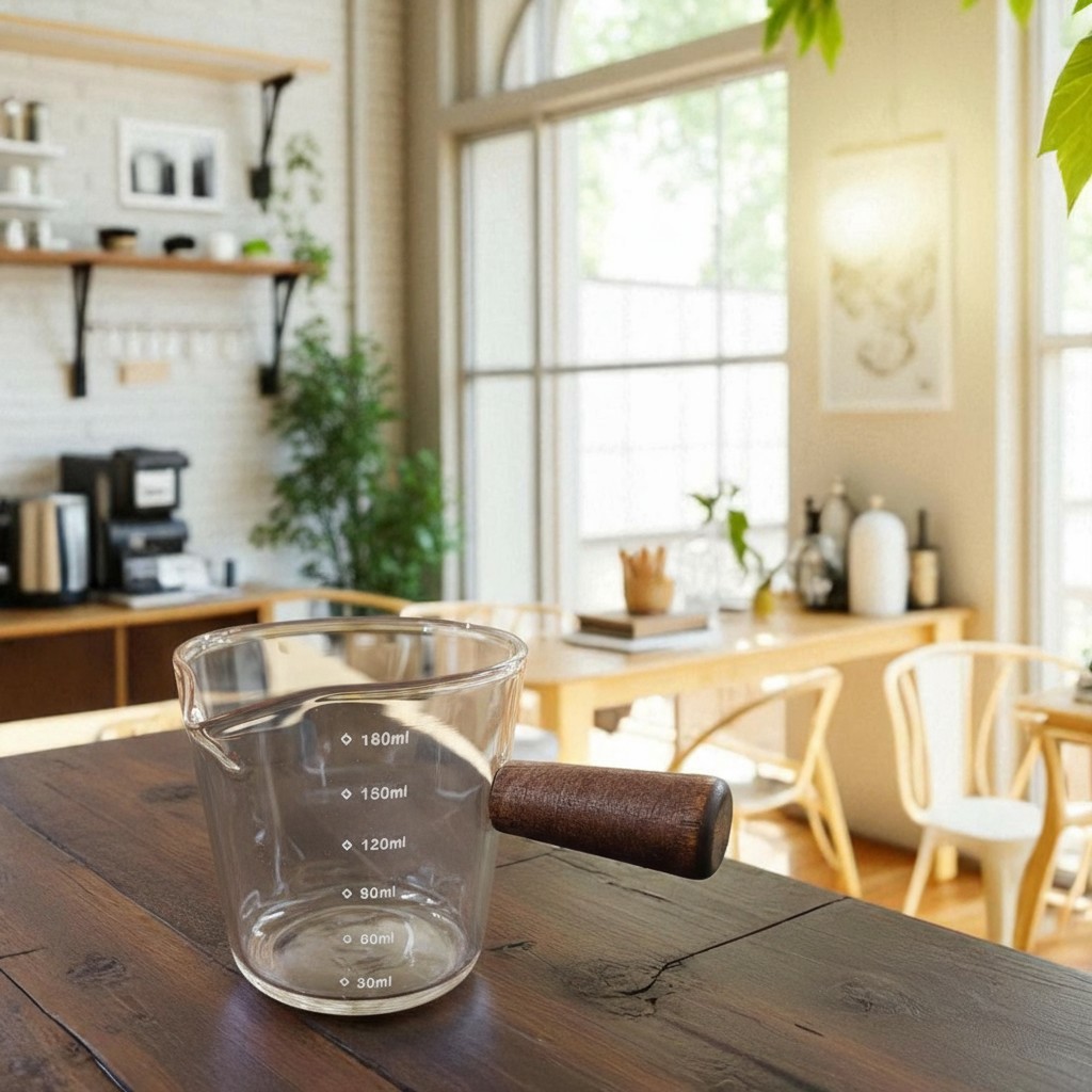 MIKIO Gelas Takar Kopi Espresso Shot Measuring Cup Wooden Handle 180ml - MK-18 Gambar produk MIKIO Gelas Takar Kopi Espresso Shot Measuring Cup Wooden Handle 180ml - MK-18