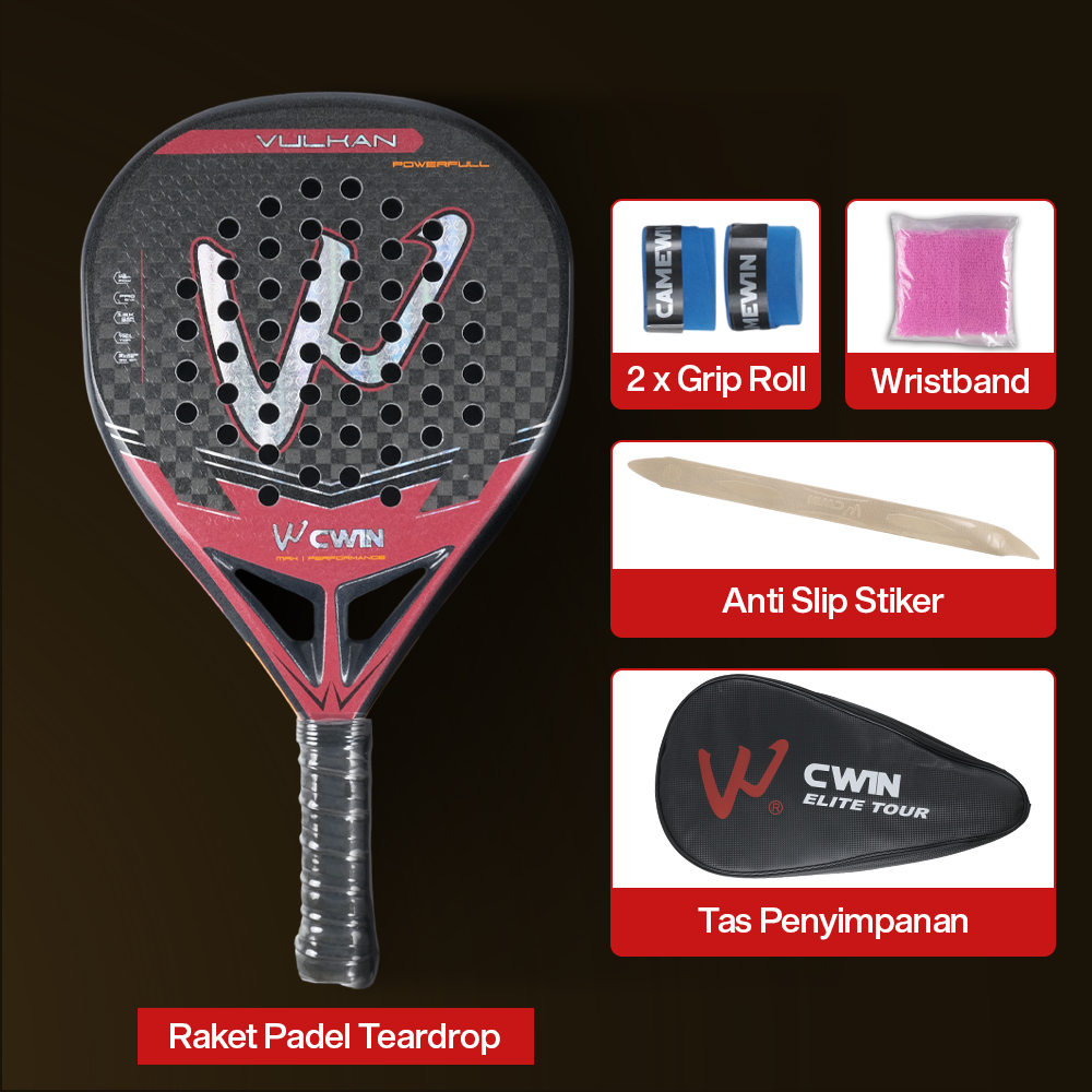 Gambar produk CWIN VULKAN Raket Padel Teardrop 12K Carbon Fiber 3.8cm Thickness 365g - 5025