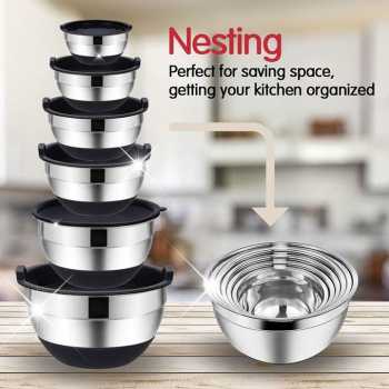 Gambar produk MEJIMA Baskom Stainless Steel 201 Mixing Bowl Anti Slip Bottom Lid 28cm - MJ-201