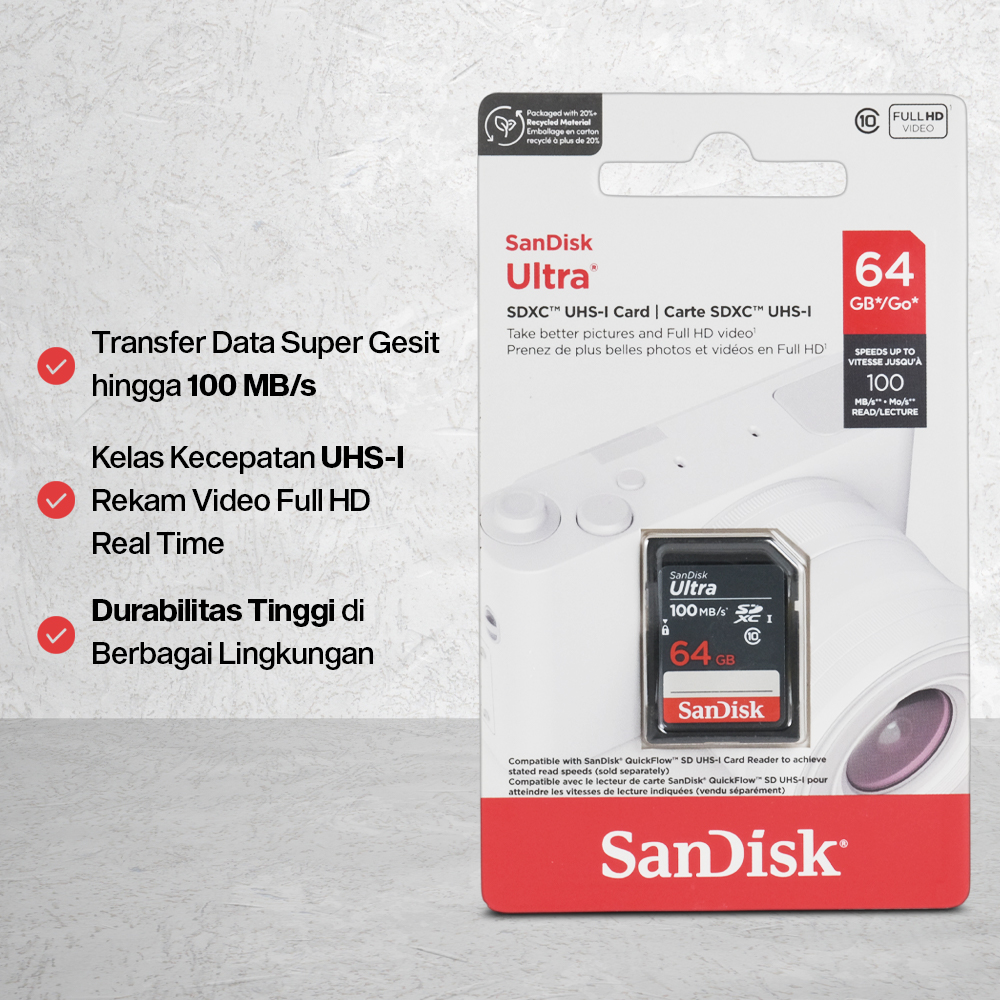 Gambar produk SanDisk Ultra SDHC/XC UHS-I Card Class 10 100MB/s 64GB - SDSDUNR-GN3IN