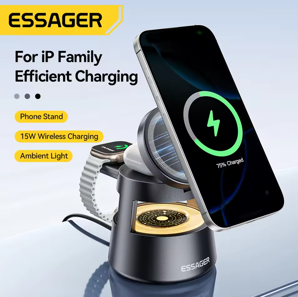 Gambar produk ESSAGER Wireless Charger Station 4in1 Stand Desktop iPhone Apple 15W - OJD-132