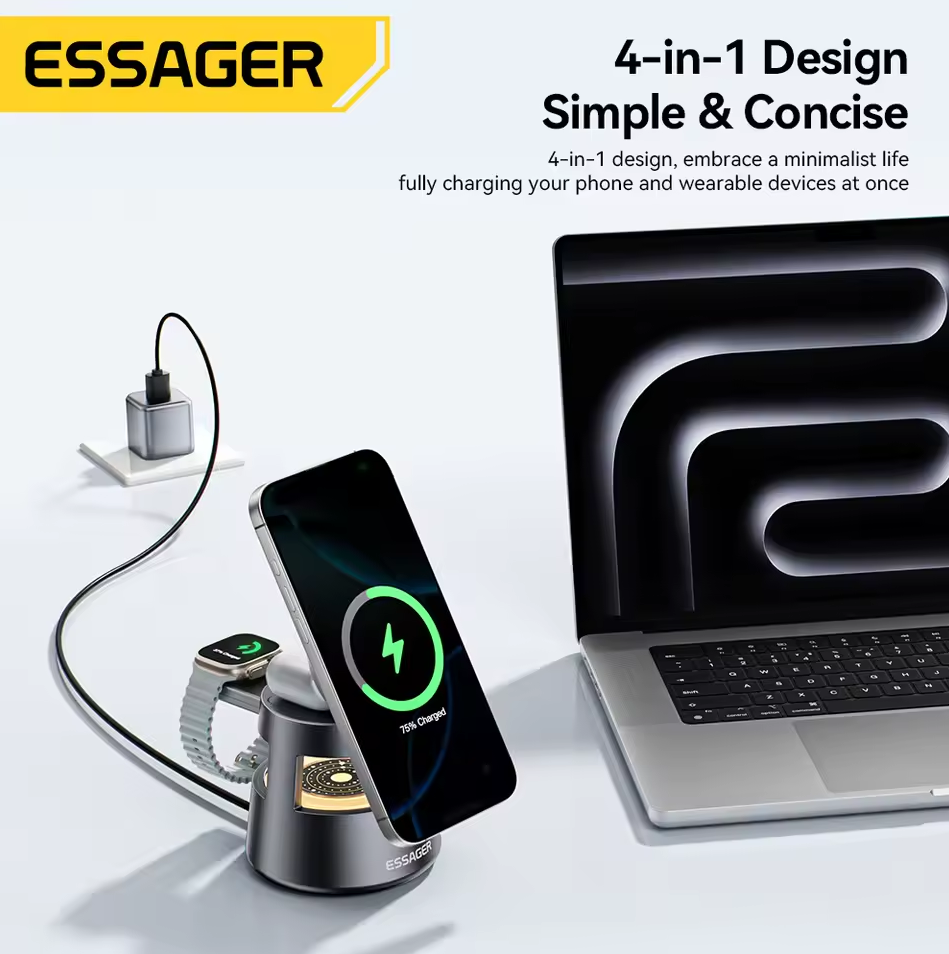 Gambar produk ESSAGER Wireless Charger Station 4in1 Stand Desktop iPhone Apple 15W - OJD-132