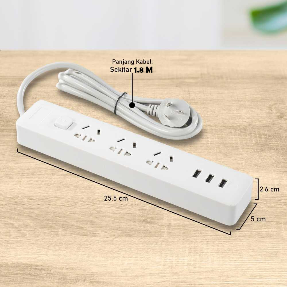 Gambar produk JRDQ Powerstrip 3 USB Type A Port and 3 Electric Plug with LED Light - JR033