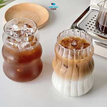 Gambar produk One Two Cups Gelas Kaca Aesthetic Kopi Teh Wave Stripe Shape 530ml - GK24