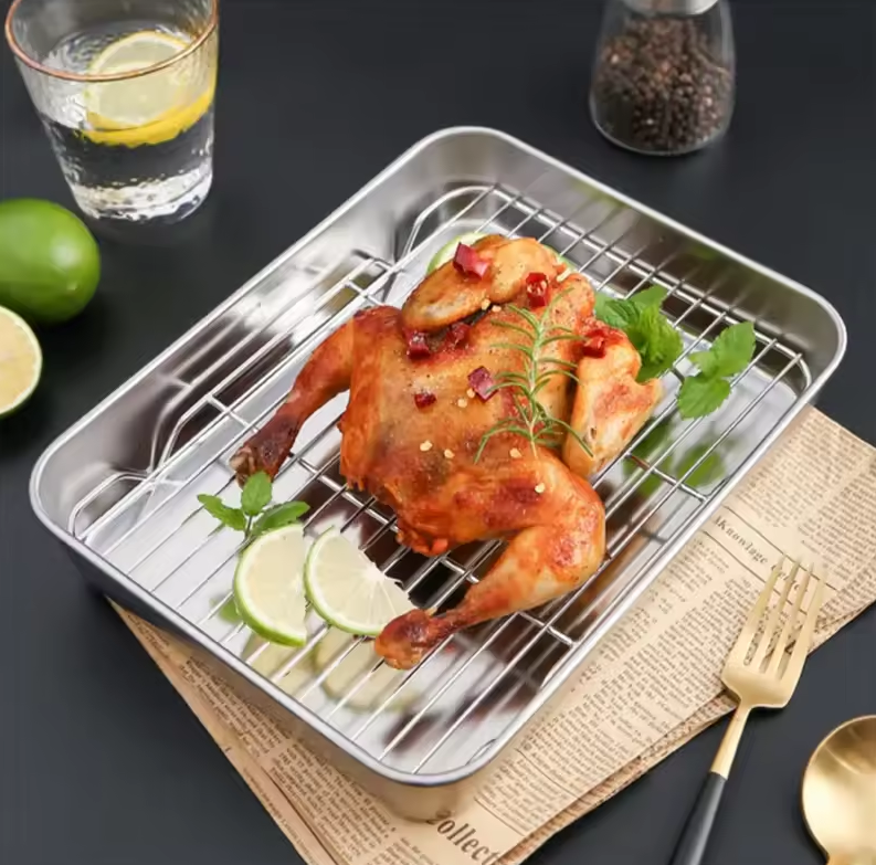 Eggy Loyang Nampan Tray Grill Pan Oven Stainless 430 with Mesh Frame 31x24x5cm - EG35 Gambar produk Eggy Loyang Nampan Tray Grill Pan Oven Stainless 430 with Mesh Frame 31x24x5cm - EG35