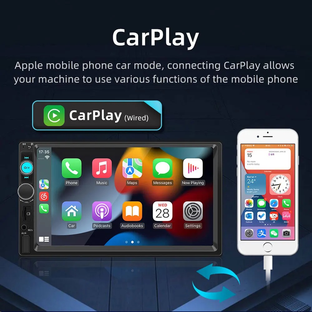 Gambar produk ESGO Head Unit Tape Mobil 2DIN Wired CarPlay Android Auto 7 Inch - F7010C
