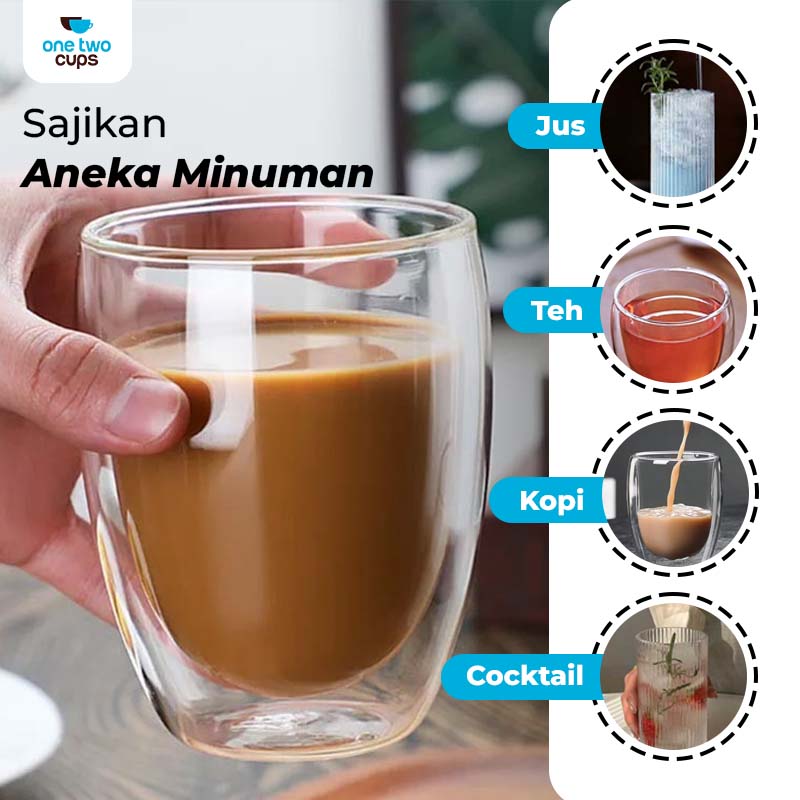 Gambar produk One Two Cups Gelas Kaca Aesthetic Tahan Panas Double Wall Glass 350ml - PLY1704
