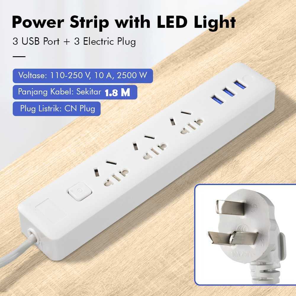 Gambar produk JRDQ Powerstrip 3 USB Type A Port and 3 Electric Plug with LED Light - JR033