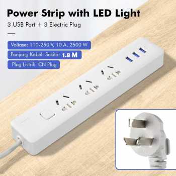 JRDQ Powerstrip 3 USB Type A Port and 3 Electric Plug with LED Light - JR033