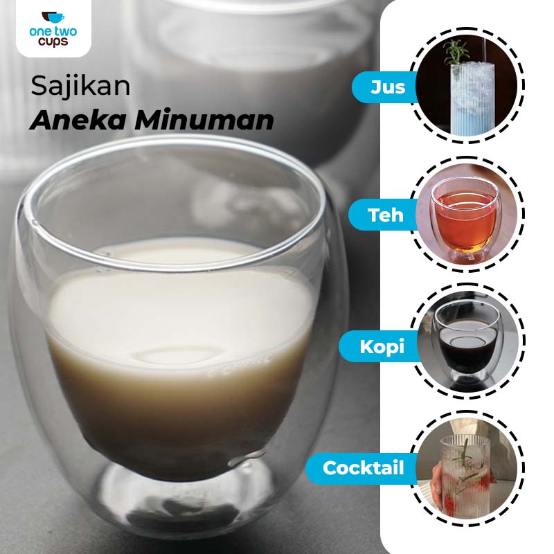 One Two Cups Gelas Kaca Aesthetic Tahan Panas Double Wall Glass 250ml - PLY1704 Gambar produk One Two Cups Gelas Kaca Aesthetic Tahan Panas Double Wall Glass 250ml - PLY1704