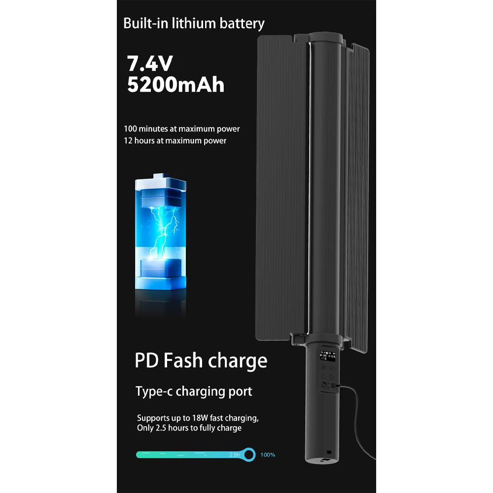 Gambar produk LIYADI Lampu Studio Tube Light RGBW 24 Mode OLED Display 5200mAh 24W - LP600 PRO