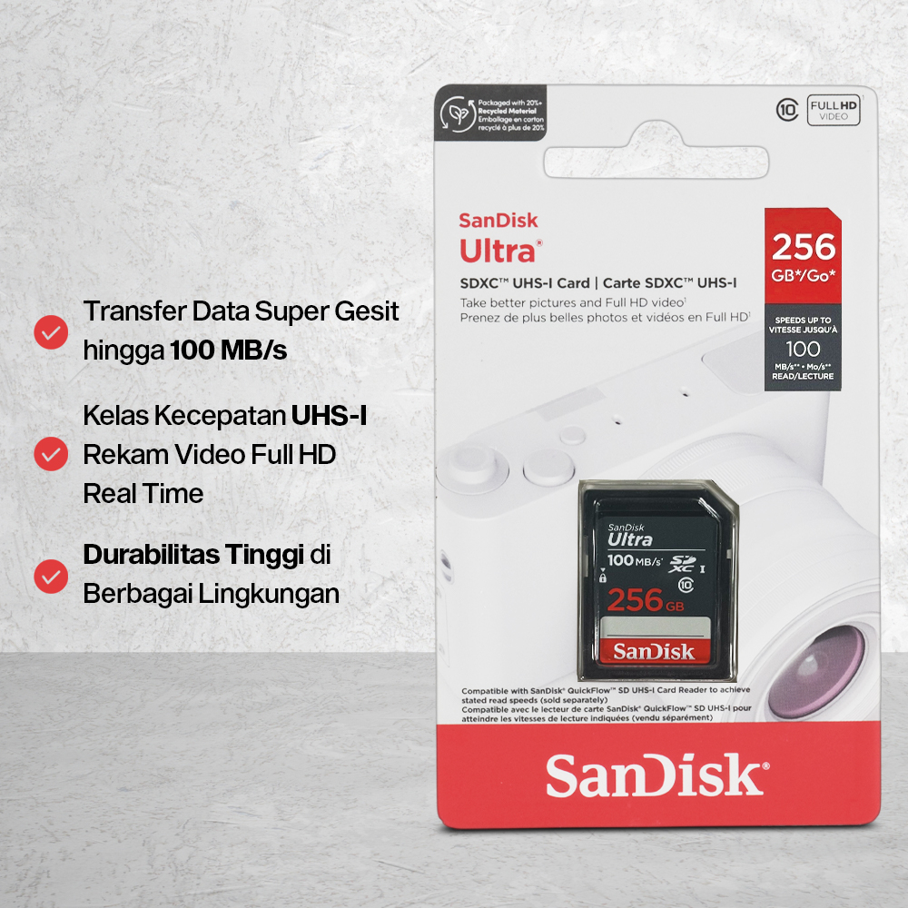 SanDisk Ultra SDHC/XC UHS-I Card Class 10 100MB/s 256GB - SDSDUNR-GN3IN Gambar produk SanDisk Ultra SDHC/XC UHS-I Card Class 10 100MB/s 256GB - SDSDUNR-GN3IN