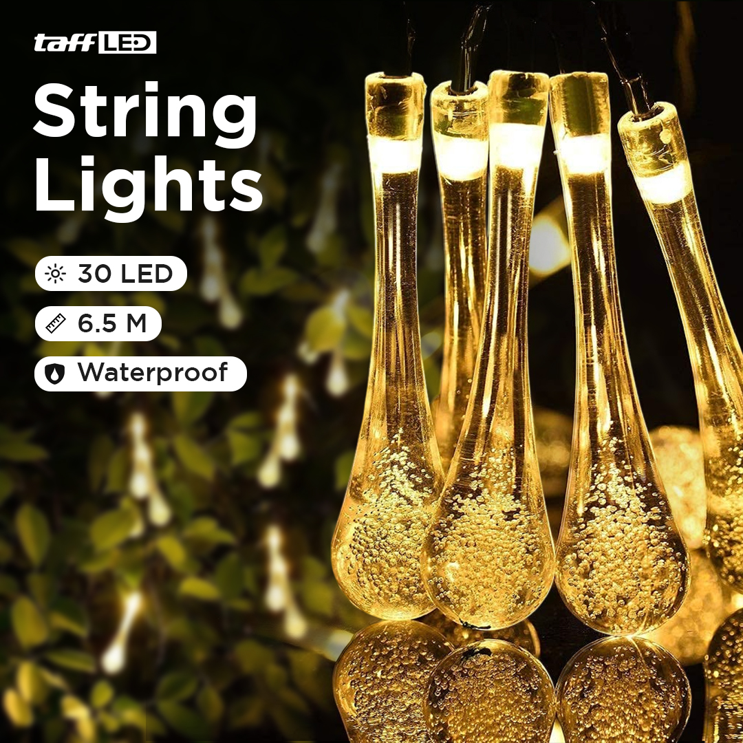 TaffLED Lampu Hias String Lights Raindrop Solar 30LED 6.5M Warm White - SP030 Gambar produk TaffLED Lampu Hias String Lights Raindrop Solar 30LED 6.5M Warm White - SP030