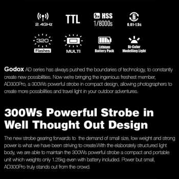 Gambar produk Godox Flash Camera Wireless 2.4GHz TTL 3in1 Color 2600mAh 300Ws - AD300Pro