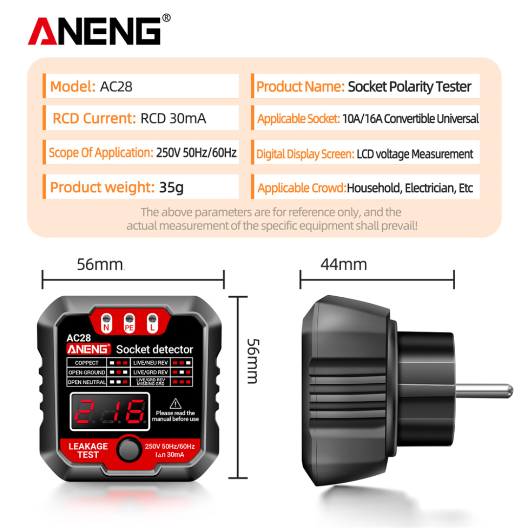 ANENG Smart Socket Tester Detector Digital Display EU Plug - AC28 Gambar produk ANENG Smart Socket Tester Detector Digital Display EU Plug - AC28