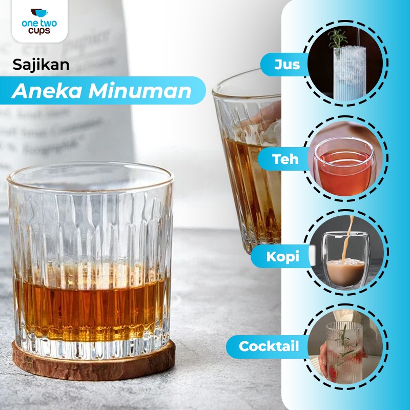 Gambar produk One Two Cups Gelas Kaca Aesthetic Kopi Teh Simple Striped Glass 302ml - J15