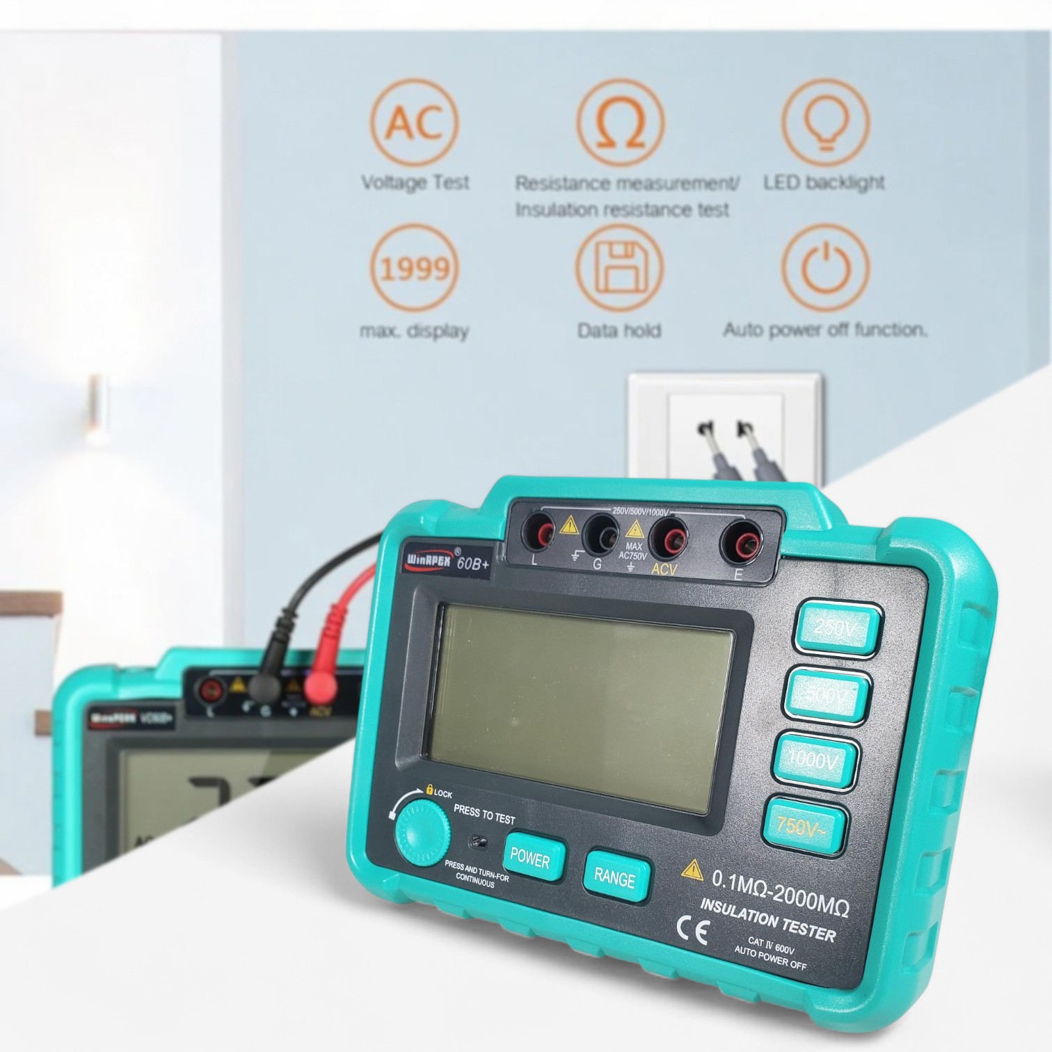 Gambar produk WinAPEX Digital Megohmmeter Voltage Tester Insulation Megger Tool - 60B+