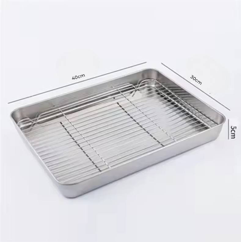 Eggy Loyang Nampan Tray Grill Pan Oven Stainless 430 with Mesh Frame 40x30x5cm - EG35 Gambar produk Eggy Loyang Nampan Tray Grill Pan Oven Stainless 430 with Mesh Frame 40x30x5cm - EG35