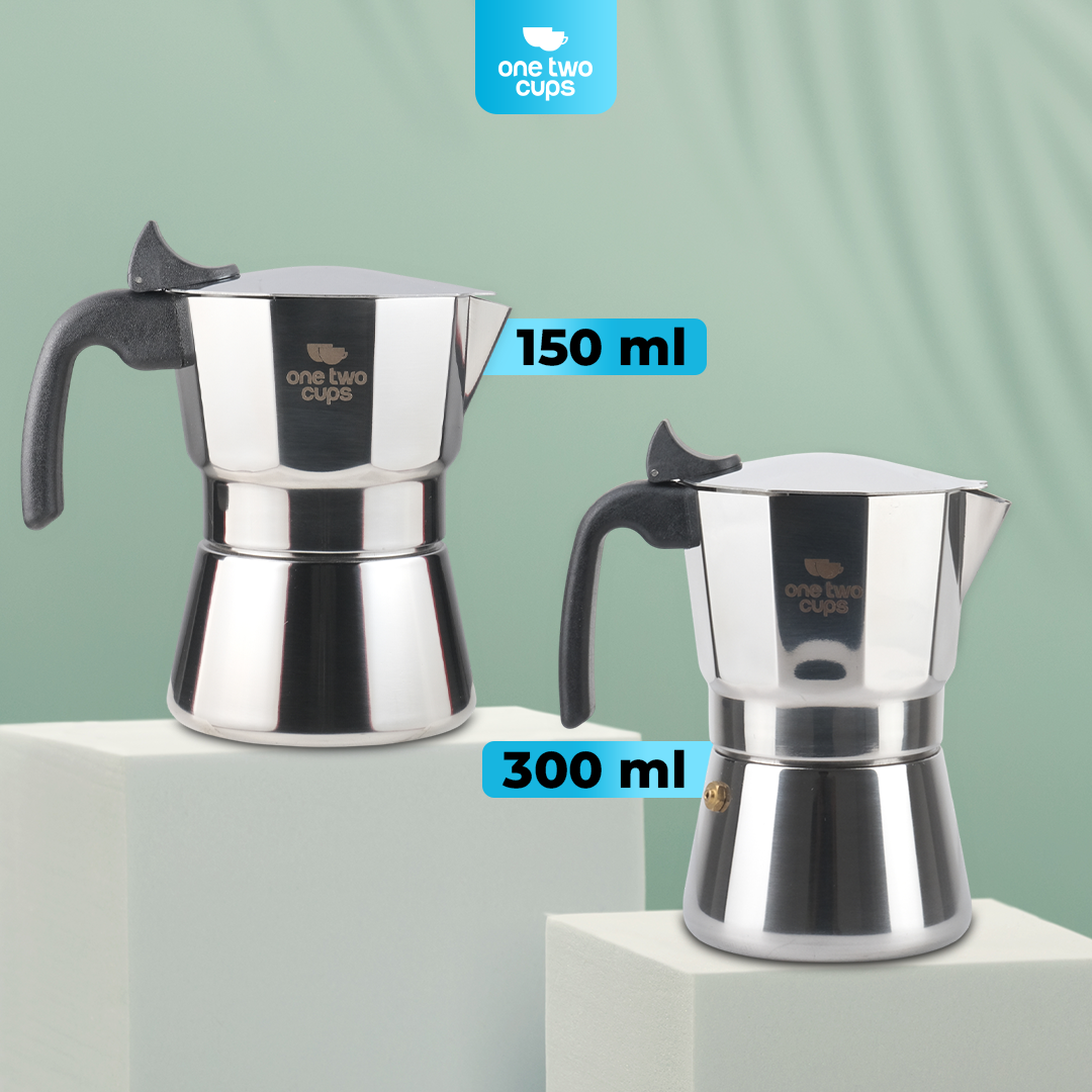 One Two Cups Moka Pot Italian Espresso Coffee Maker Stainless Steel 300ml - W-767 Gambar produk One Two Cups Moka Pot Italian Espresso Coffee Maker Stainless Steel 300ml - W-767