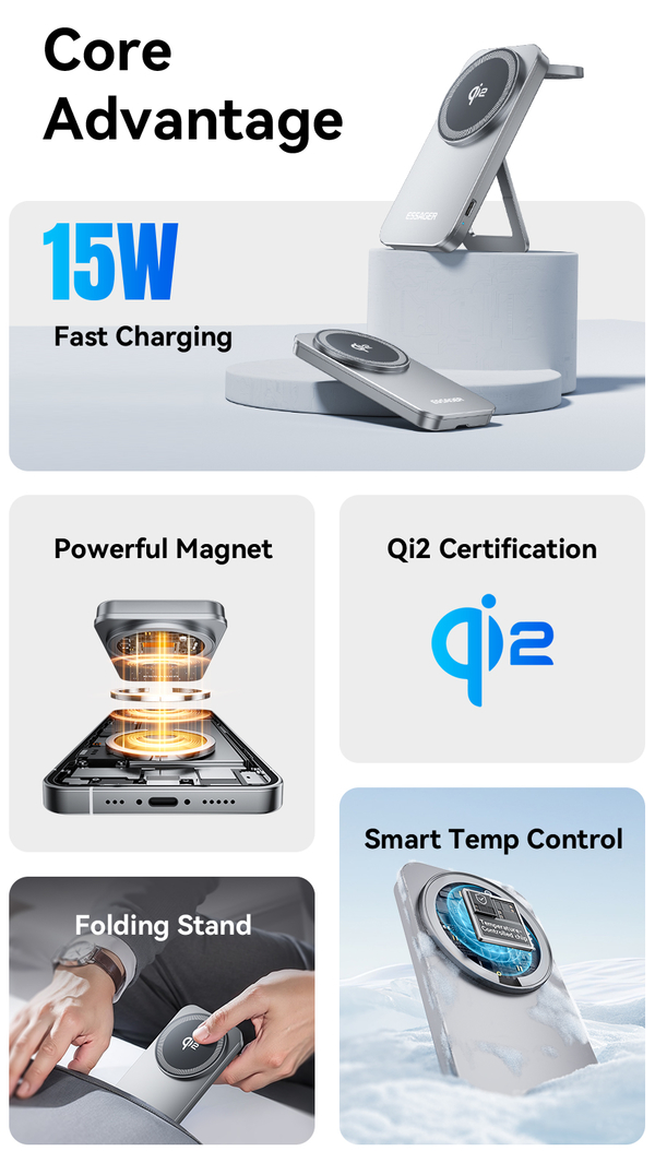 Gambar produk ESSAGER Wireless Charger Qi2 2in1 Magnetic Stand Desktop iPhone 15W - OJD-135