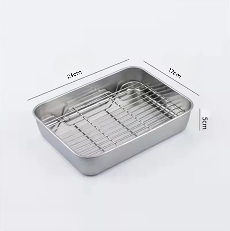 Eggy Loyang Nampan Tray Grill Pan Oven Stainless 430 with Mesh Frame 23x17x5cm - EG35 Gambar produk Eggy Loyang Nampan Tray Grill Pan Oven Stainless 430 with Mesh Frame 23x17x5cm - EG35
