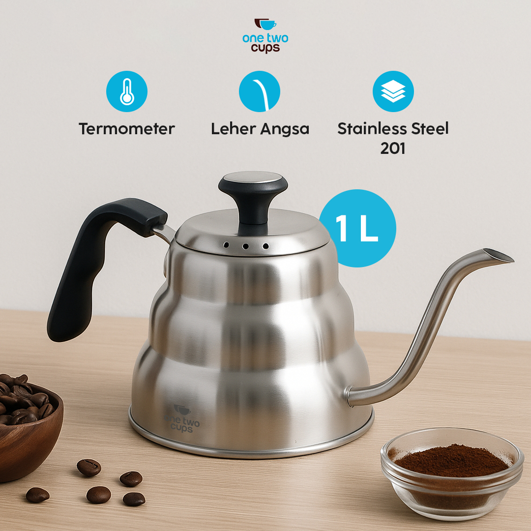 One Two Cups Teko Kopi Leher Angsa Gooseneck Pour Over Thermometer 1L - OTC201 Gambar produk One Two Cups Teko Kopi Leher Angsa Gooseneck Pour Over Thermometer 1L - OTC201