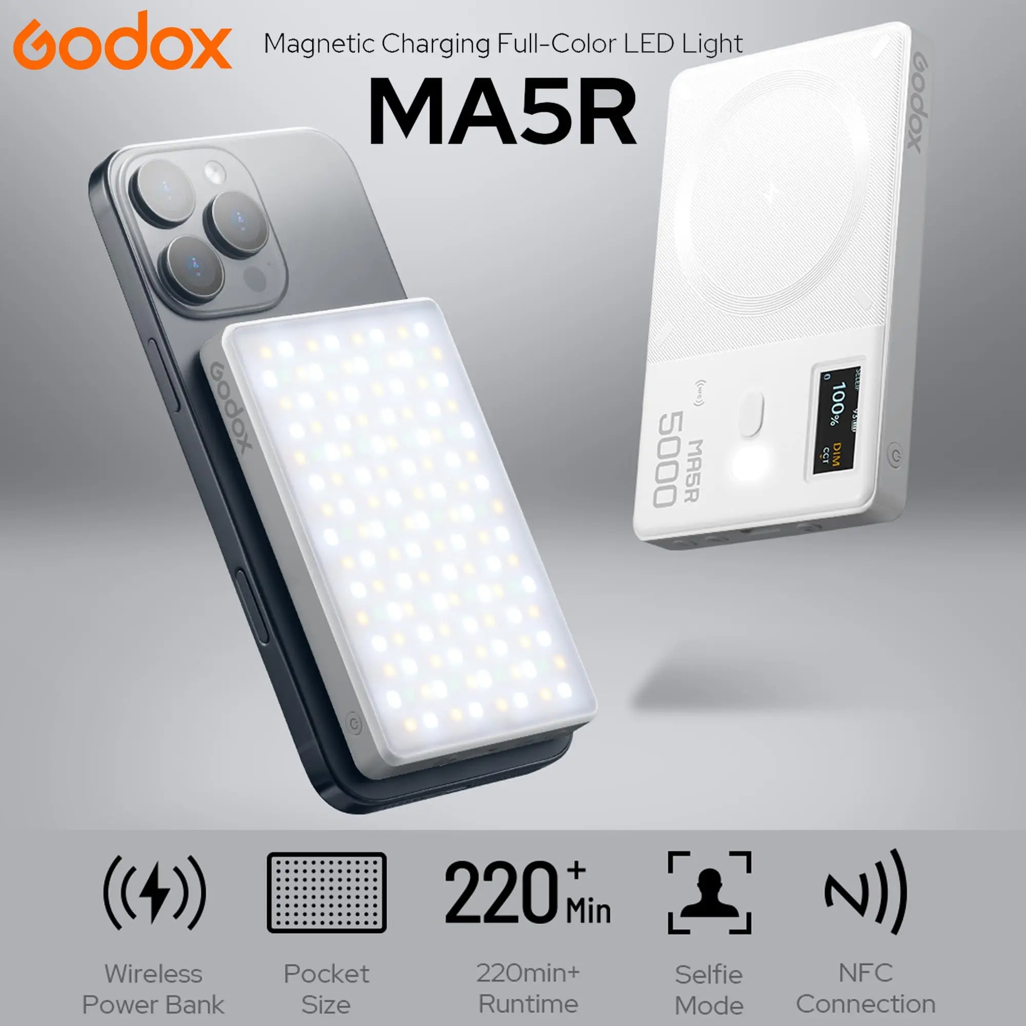 Gambar produk Godox Lampu Fill Light Smartphone Magnetic Power Bank RGBW 4900mAh - MA5R