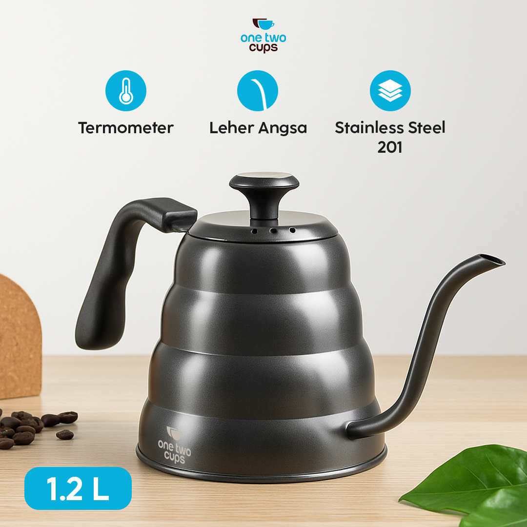One Two Cups Teko Kopi Leher Angsa Gooseneck Pour Over Thermometer 1.2L - OTC265 Gambar produk One Two Cups Teko Kopi Leher Angsa Gooseneck Pour Over Thermometer 1.2L - OTC265