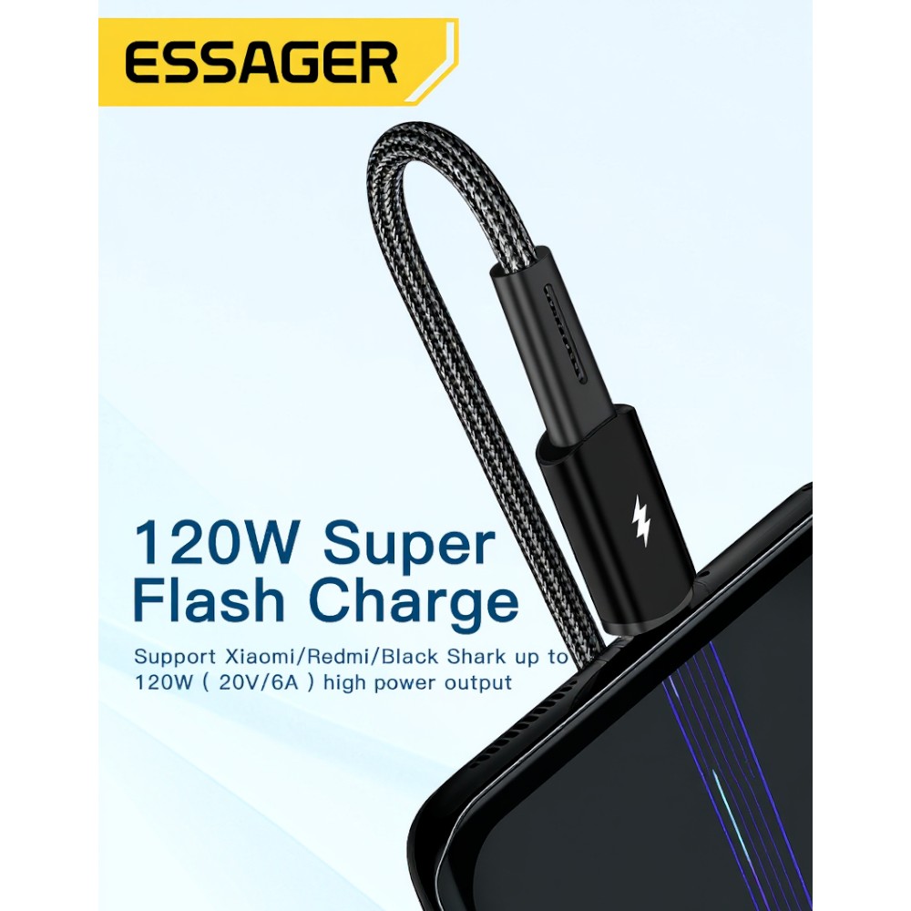 ESSAGER Kabel Data USB Type A to Type C Fast Charging 120W 6A 2M - EXC120-CG01-P Gambar produk ESSAGER Kabel Data USB Type A to Type C Fast Charging 120W 6A 2M - EXC120-CG01-P