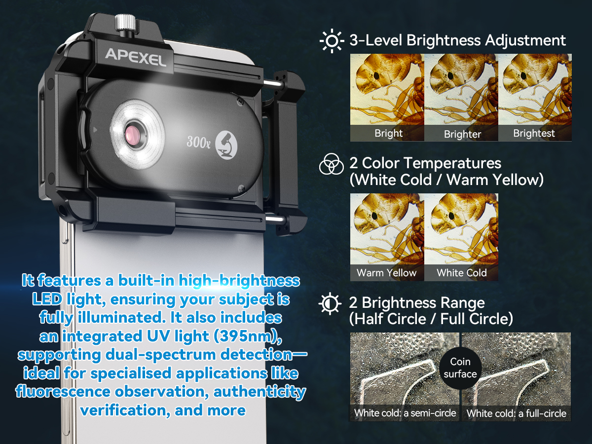 Gambar produk APEXEL Lensa Kamera HP Smartphone Microscope 300X LED with CPL Filter - APL-MS300