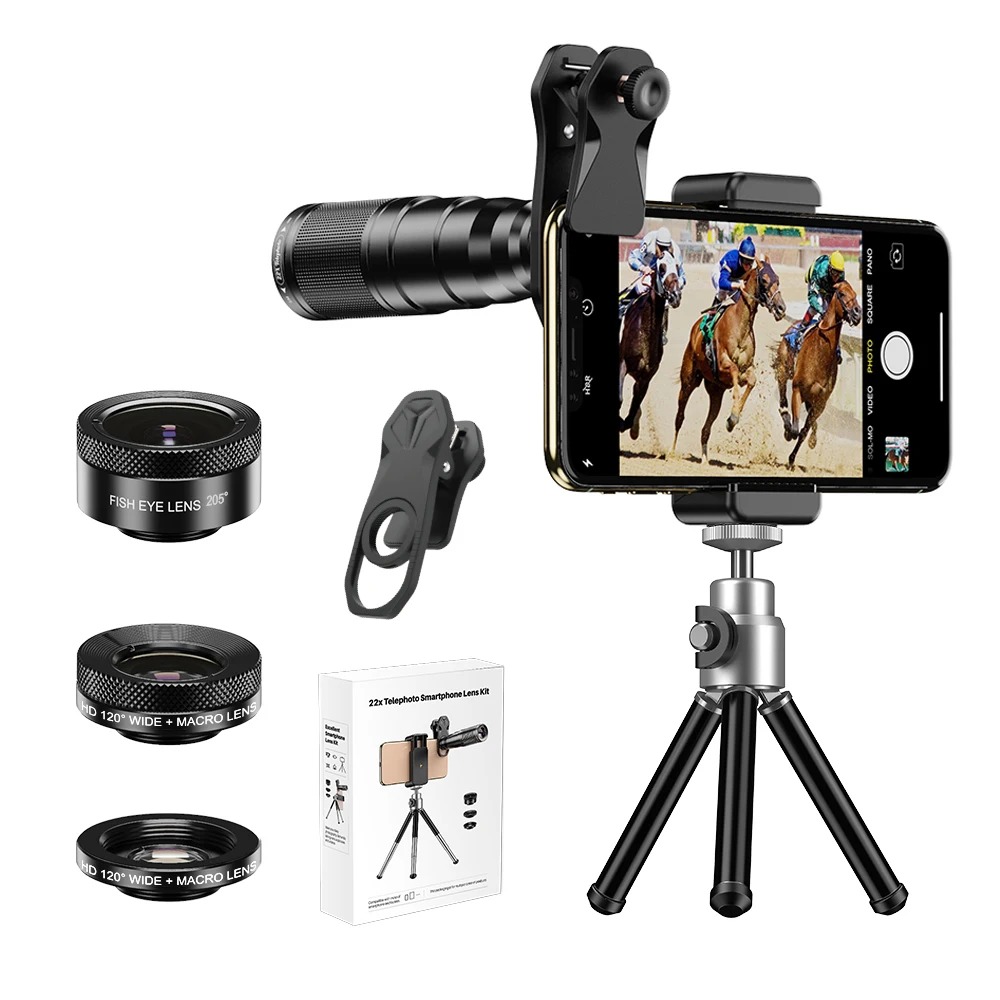 Gambar produk APEXEL Lensa Kamera 4in1 Telefoto 22x Wide Fisheye Macro with Tripod - APL-22XZJ