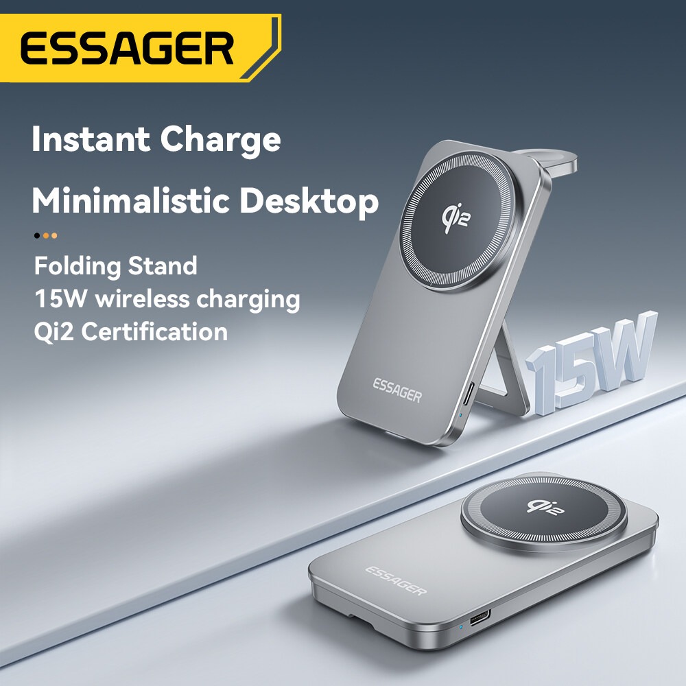 Gambar produk ESSAGER Wireless Charger Qi2 2in1 Magnetic Stand Desktop iPhone 15W - OJD-135