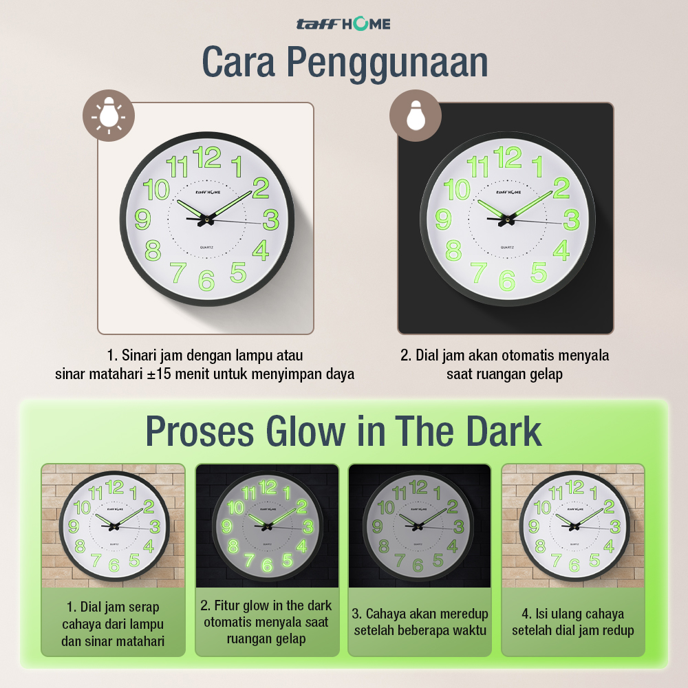 Gambar produk TaffHOME Jam Dinding Bulat Quartz Luminous Glow in The Dark 30cm MDB4